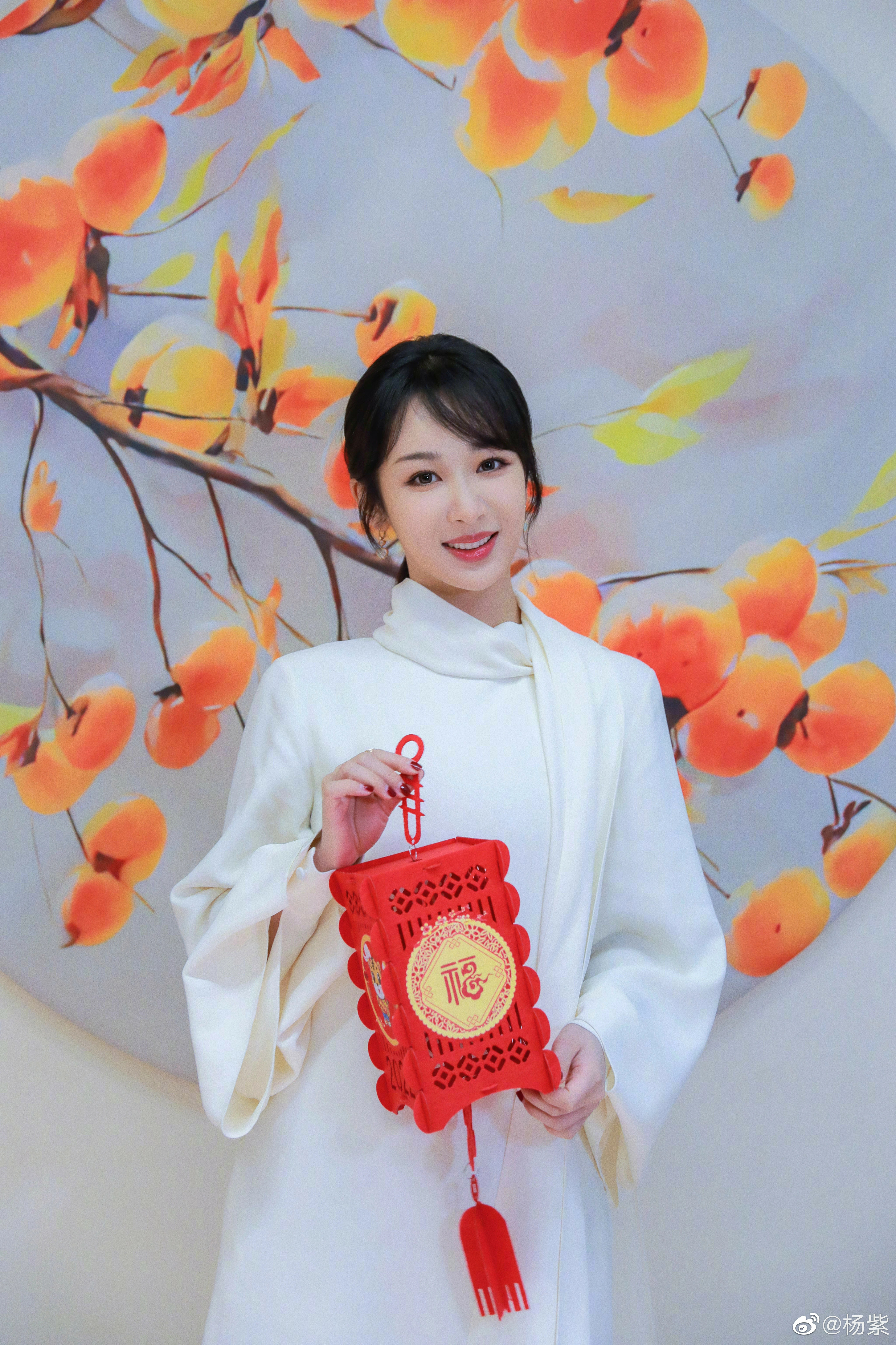 杨紫元宵节复古大片释出 着白色连衣裙手拿红色灯笼笑容甜美,1